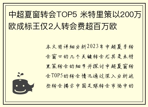 中超夏窗转会TOP5 米特里策以200万欧成标王仅2人转会费超百万欧